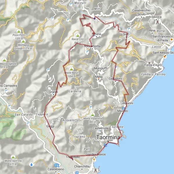 Miniatura della mappa di ispirazione al ciclismo "Sentiero panoramico di Graniti" nella regione di Sicilia, Italy. Generata da Tarmacs.app, pianificatore di rotte ciclistiche