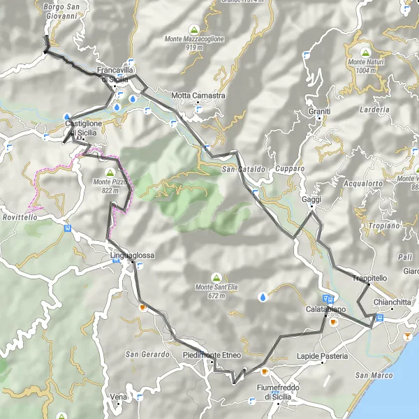 Miniatura della mappa di ispirazione al ciclismo "Strada costiera di Calatabiano" nella regione di Sicilia, Italy. Generata da Tarmacs.app, pianificatore di rotte ciclistiche