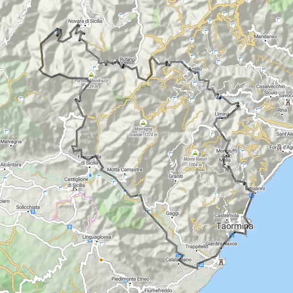 Map miniature of "Legendary Road Climb: Novara di Sicilia" cycling inspiration in Sicilia, Italy. Generated by Tarmacs.app cycling route planner