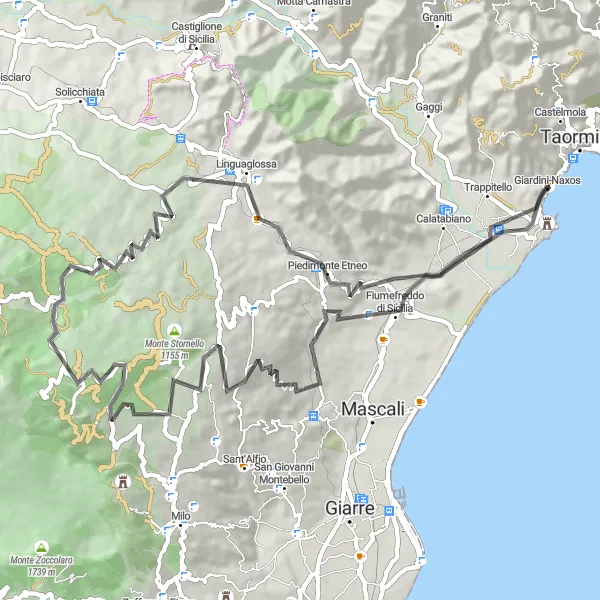 Miniatura della mappa di ispirazione al ciclismo "Tour in bicicletta tra Montargano e Montaregina" nella regione di Sicilia, Italy. Generata da Tarmacs.app, pianificatore di rotte ciclistiche