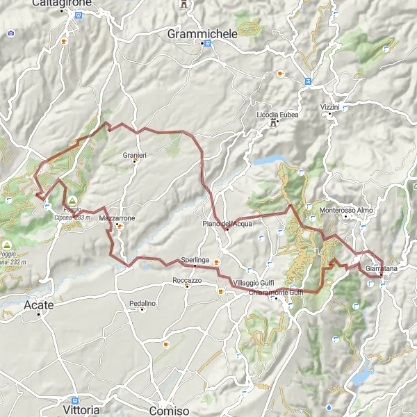 Map miniature of "Giarratana to Santo Pietro" cycling inspiration in Sicilia, Italy. Generated by Tarmacs.app cycling route planner