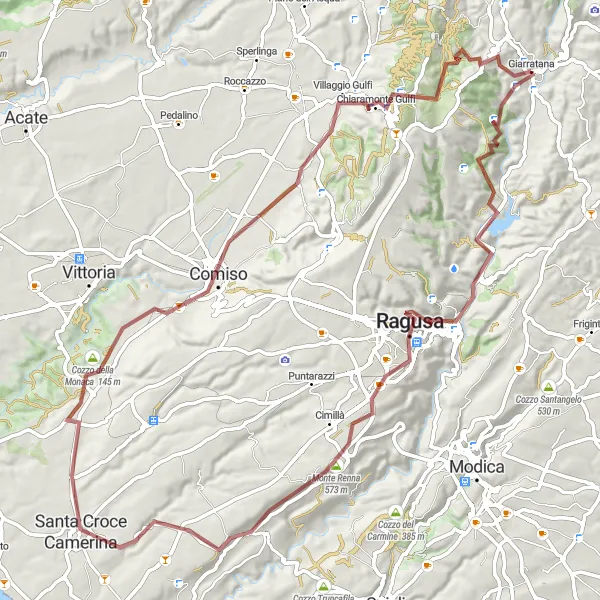 Map miniature of "Giarratana to Chiaramonte Gulfi" cycling inspiration in Sicilia, Italy. Generated by Tarmacs.app cycling route planner