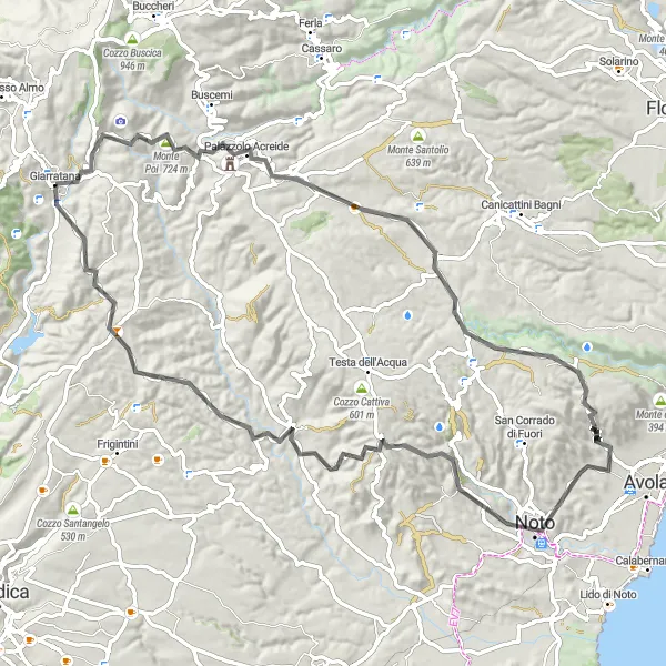 Map miniature of "Giarratana to Noto" cycling inspiration in Sicilia, Italy. Generated by Tarmacs.app cycling route planner