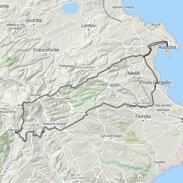 Map miniature of "Lauro and the rocky mountainside" cycling inspiration in Sicilia, Italy. Generated by Tarmacs.app cycling route planner