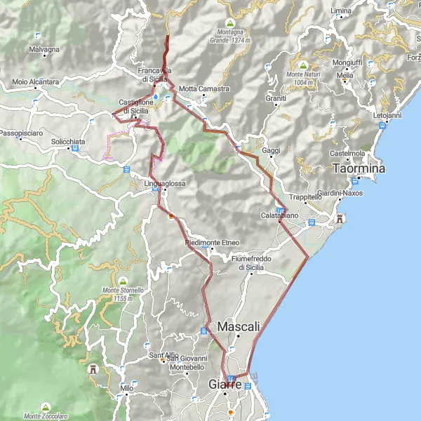 Map miniature of "Gravel Route: Giarre to Riposto via Piedimonte Etneo" cycling inspiration in Sicilia, Italy. Generated by Tarmacs.app cycling route planner