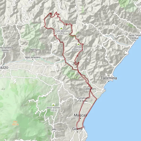 Map miniature of "Gravel Route: Giarre to Mascali via Motta Camastra" cycling inspiration in Sicilia, Italy. Generated by Tarmacs.app cycling route planner