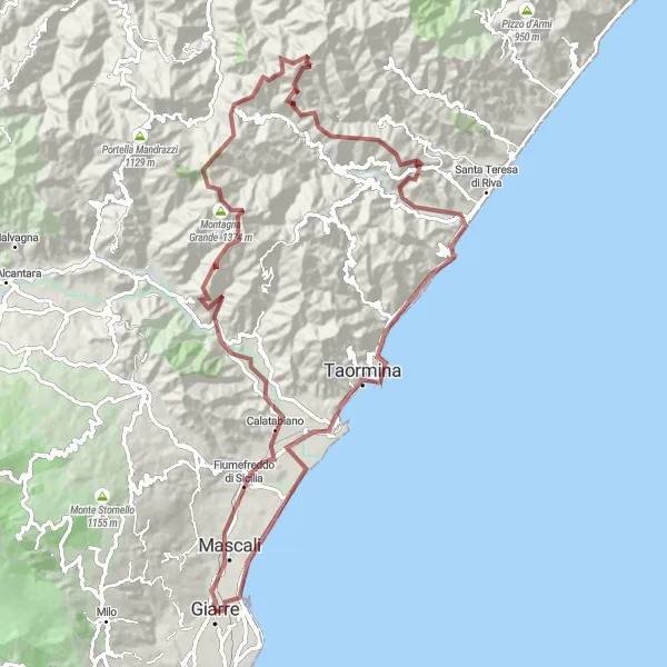 Map miniature of "Gravel Route: Giarre to Taormina via Motta Camastra" cycling inspiration in Sicilia, Italy. Generated by Tarmacs.app cycling route planner