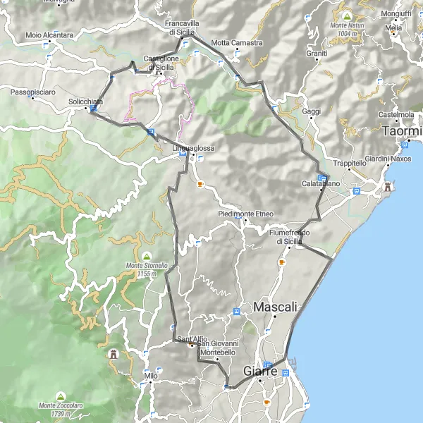 Map miniature of "Mountains and Villages" cycling inspiration in Sicilia, Italy. Generated by Tarmacs.app cycling route planner