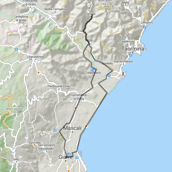 Miniatura della mappa di ispirazione al ciclismo "Graniti e Trappitello Coastal Ride" nella regione di Sicilia, Italy. Generata da Tarmacs.app, pianificatore di rotte ciclistiche