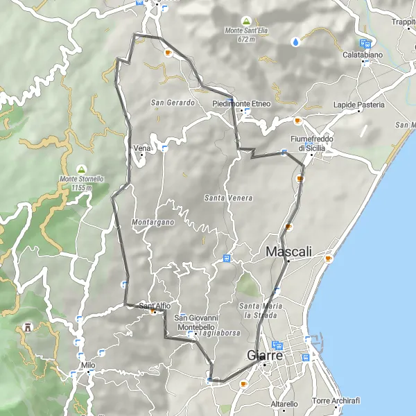 Miniatura della mappa di ispirazione al ciclismo "Piedimonte Etneo Excursion" nella regione di Sicilia, Italy. Generata da Tarmacs.app, pianificatore di rotte ciclistiche