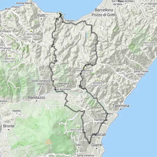 Miniatura della mappa di ispirazione al ciclismo "Monte Scuderi Road Loop" nella regione di Sicilia, Italy. Generata da Tarmacs.app, pianificatore di rotte ciclistiche