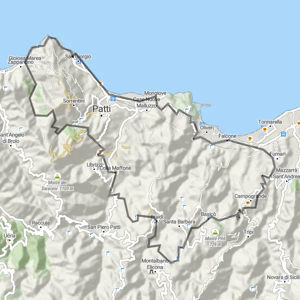 Miniatura della mappa di ispirazione al ciclismo "Gioiosa Marea - Monti e Mare Road Cycling" nella regione di Sicilia, Italy. Generata da Tarmacs.app, pianificatore di rotte ciclistiche