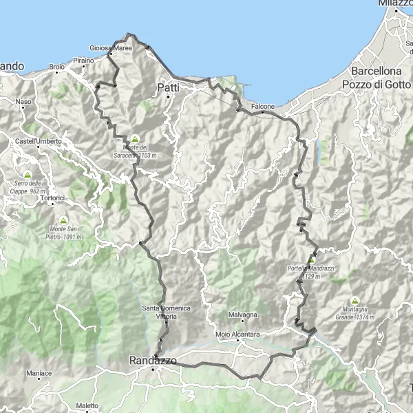 Miniatura della mappa di ispirazione al ciclismo "Monti e Borghi Siciliani" nella regione di Sicilia, Italy. Generata da Tarmacs.app, pianificatore di rotte ciclistiche