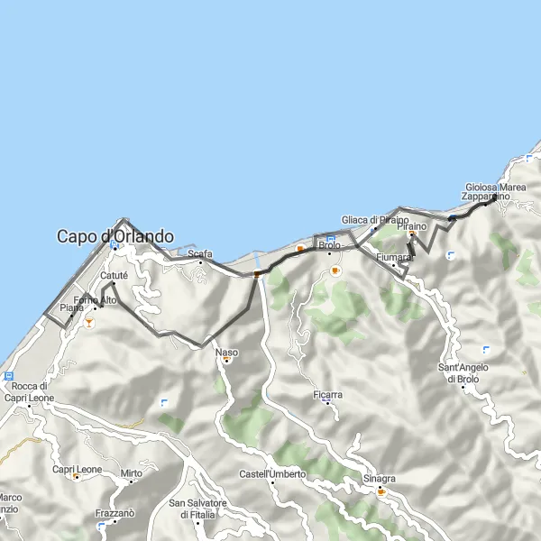 Miniatura della mappa di ispirazione al ciclismo "Gioiosa Marea - Capo d'Orlando Coastal Ride" nella regione di Sicilia, Italy. Generata da Tarmacs.app, pianificatore di rotte ciclistiche