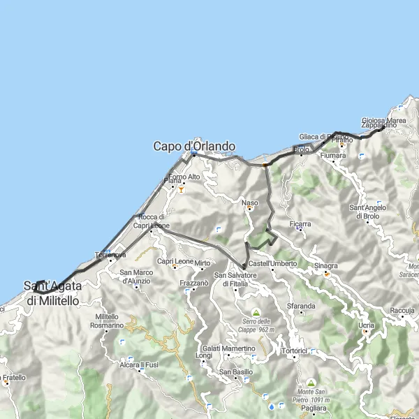 Map miniature of "Coastal Scenic Ride" cycling inspiration in Sicilia, Italy. Generated by Tarmacs.app cycling route planner