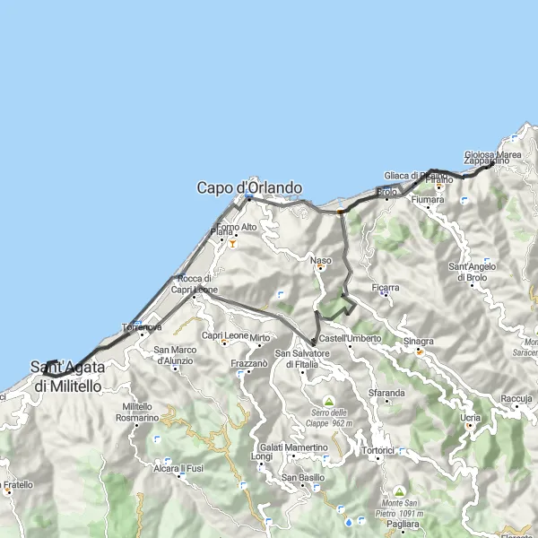 Miniatura della mappa di ispirazione al ciclismo "Capo d'Orlando - Sant'Agata di Militello Road Cycling" nella regione di Sicilia, Italy. Generata da Tarmacs.app, pianificatore di rotte ciclistiche