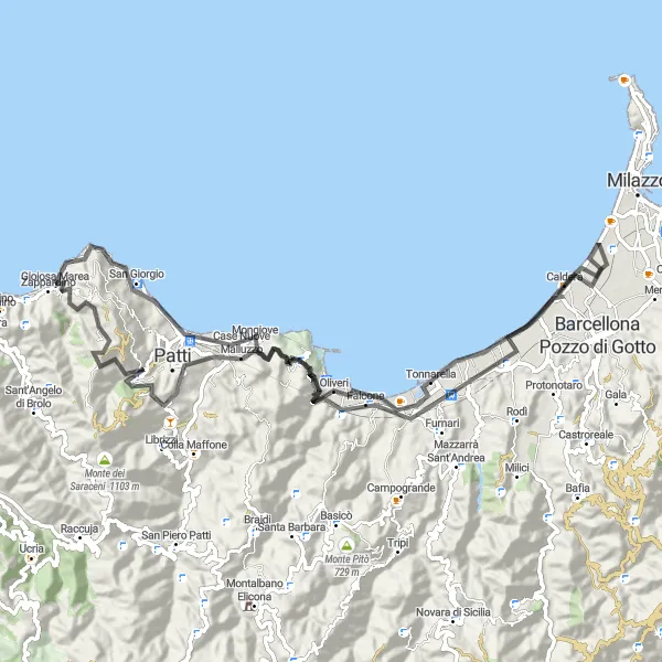 Map miniature of "Hilltop Villages and Coastal Beauty" cycling inspiration in Sicilia, Italy. Generated by Tarmacs.app cycling route planner