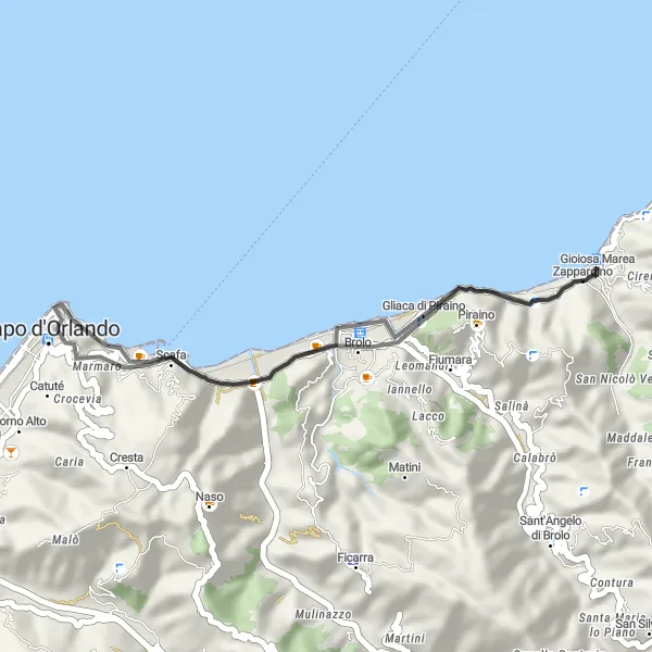 Map miniature of "The Piraino Loop" cycling inspiration in Sicilia, Italy. Generated by Tarmacs.app cycling route planner