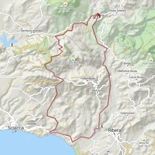 Miniatura della mappa di ispirazione al ciclismo "Gravel tra Castelli e Montagne" nella regione di Sicilia, Italy. Generata da Tarmacs.app, pianificatore di rotte ciclistiche