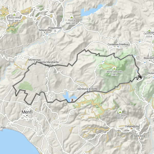 Miniatura della mappa di ispirazione al ciclismo "Tra Sambuca e l'Abbruscato" nella regione di Sicilia, Italy. Generata da Tarmacs.app, pianificatore di rotte ciclistiche