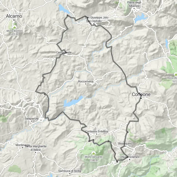 Miniatura della mappa di ispirazione al ciclismo "Avventura verso Corleone" nella regione di Sicilia, Italy. Generata da Tarmacs.app, pianificatore di rotte ciclistiche