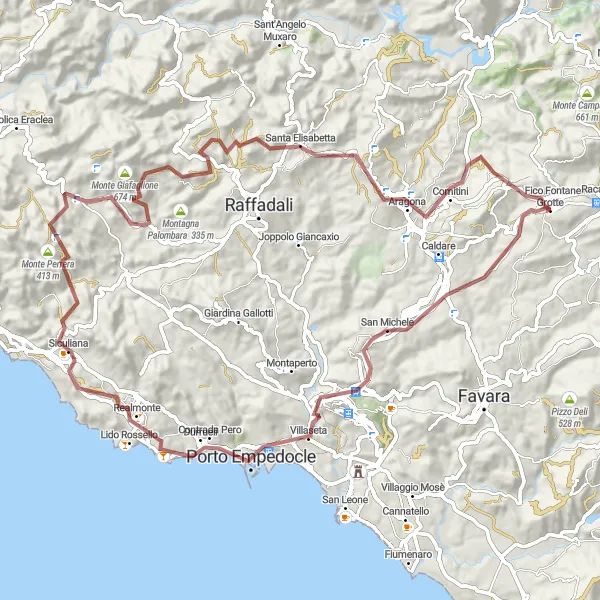 Miniatura della mappa di ispirazione al ciclismo "Avventura nella Valle dei Templi" nella regione di Sicilia, Italy. Generata da Tarmacs.app, pianificatore di rotte ciclistiche