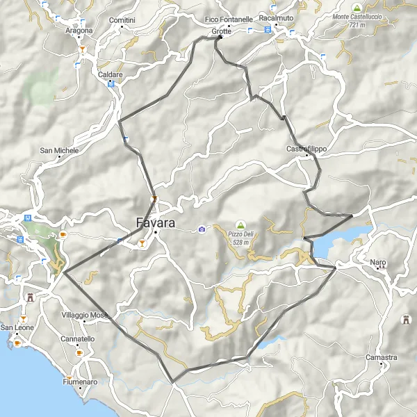 Map miniature of "Road Cycling Journey to Favara" cycling inspiration in Sicilia, Italy. Generated by Tarmacs.app cycling route planner