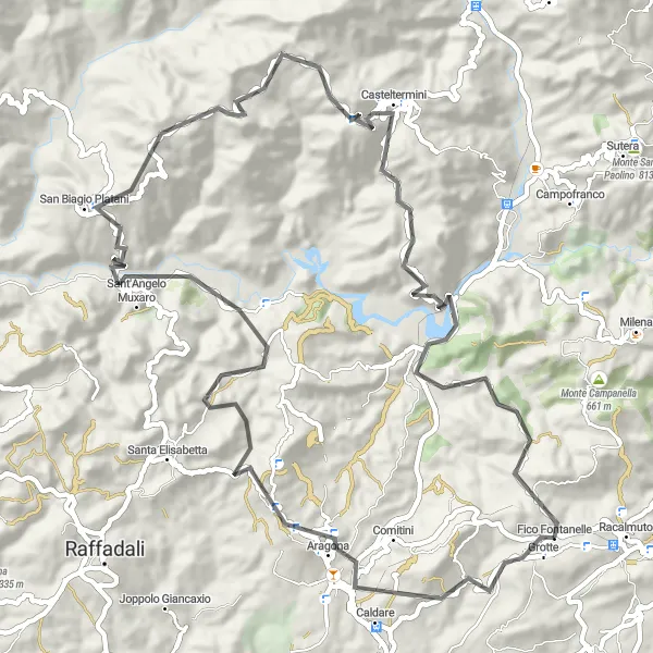 Map miniature of "Challenging Road Cycling Route to Casteltermini" cycling inspiration in Sicilia, Italy. Generated by Tarmacs.app cycling route planner