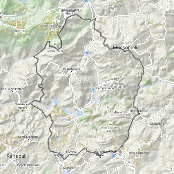 Map miniature of "Sicilian challenge: Scenic roads and epic climbs" cycling inspiration in Sicilia, Italy. Generated by Tarmacs.app cycling route planner