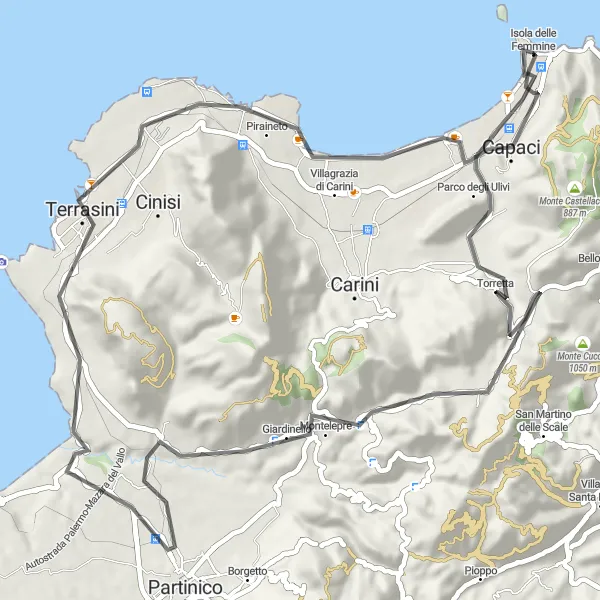 Miniatura della mappa di ispirazione al ciclismo "Il Giro di Montelepre" nella regione di Sicilia, Italy. Generata da Tarmacs.app, pianificatore di rotte ciclistiche