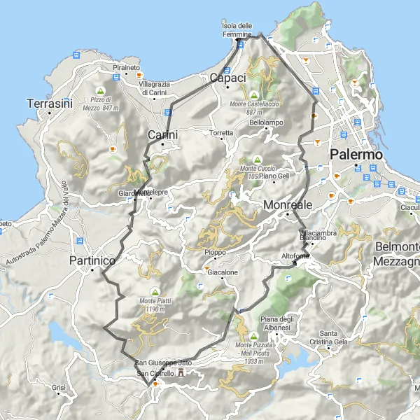 Miniatura della mappa di ispirazione al ciclismo "La Strada dei Borghi" nella regione di Sicilia, Italy. Generata da Tarmacs.app, pianificatore di rotte ciclistiche