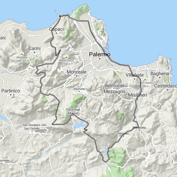 Miniatura della mappa di ispirazione al ciclismo "Tour tra Marineo e Capaci" nella regione di Sicilia, Italy. Generata da Tarmacs.app, pianificatore di rotte ciclistiche