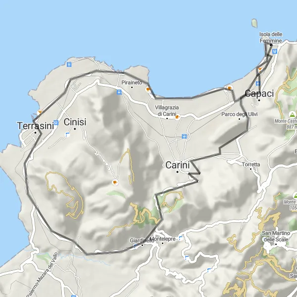Miniatura della mappa di ispirazione al ciclismo "Giro delle Colline Palermitane" nella regione di Sicilia, Italy. Generata da Tarmacs.app, pianificatore di rotte ciclistiche