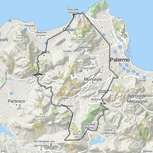 Miniatura della mappa di ispirazione al ciclismo "Il Giro dei Castelli" nella regione di Sicilia, Italy. Generata da Tarmacs.app, pianificatore di rotte ciclistiche