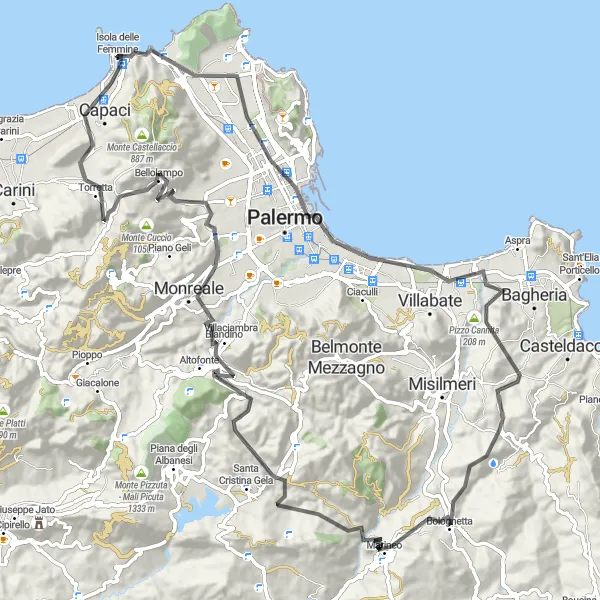 Miniatura della mappa di ispirazione al ciclismo "Gran Tour delle Colline Siciliane" nella regione di Sicilia, Italy. Generata da Tarmacs.app, pianificatore di rotte ciclistiche