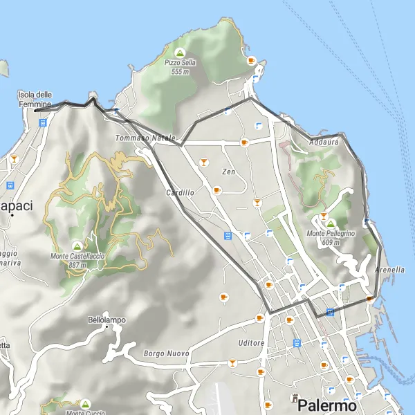 Miniatura della mappa di ispirazione al ciclismo "Il Giro di Pizzo Monaco" nella regione di Sicilia, Italy. Generata da Tarmacs.app, pianificatore di rotte ciclistiche