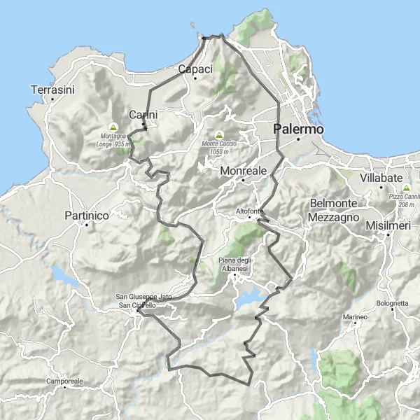 Miniatura della mappa di ispirazione al ciclismo "Il Giro dei Monti" nella regione di Sicilia, Italy. Generata da Tarmacs.app, pianificatore di rotte ciclistiche
