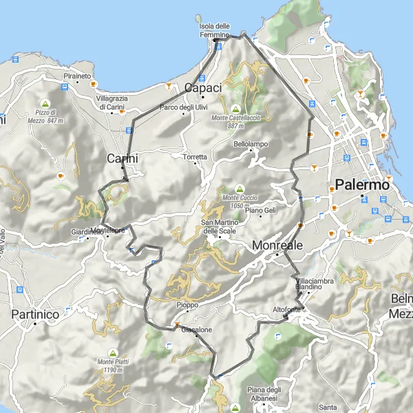 Miniatura della mappa di ispirazione al ciclismo "Giro in bicicletta da Isola delle Femmine" nella regione di Sicilia, Italy. Generata da Tarmacs.app, pianificatore di rotte ciclistiche