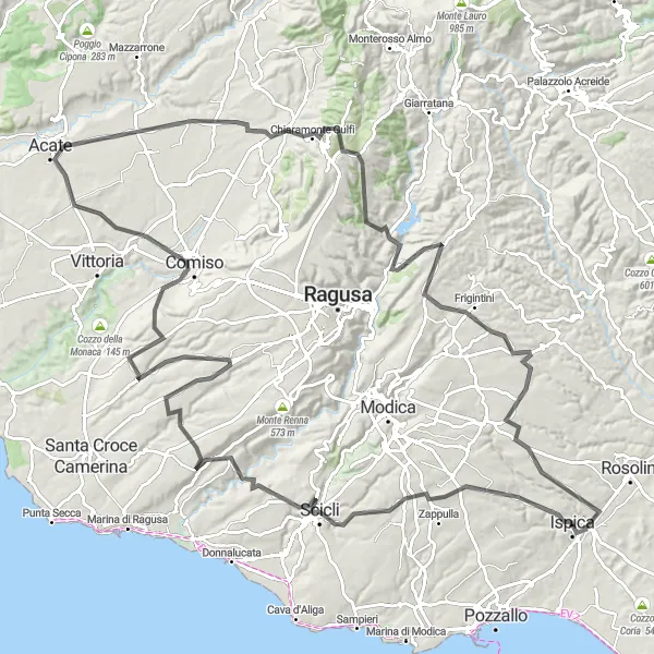 Miniatura della mappa di ispirazione al ciclismo "Giro in bicicletta lungo le montagne di Ispica" nella regione di Sicilia, Italy. Generata da Tarmacs.app, pianificatore di rotte ciclistiche