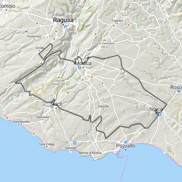 Map miniature of "Hills and Valleys of Ispica" cycling inspiration in Sicilia, Italy. Generated by Tarmacs.app cycling route planner