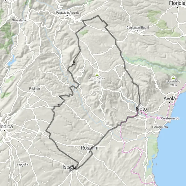 Miniatura della mappa di ispirazione al ciclismo "Tour ciclistico tra storia e natura" nella regione di Sicilia, Italy. Generata da Tarmacs.app, pianificatore di rotte ciclistiche