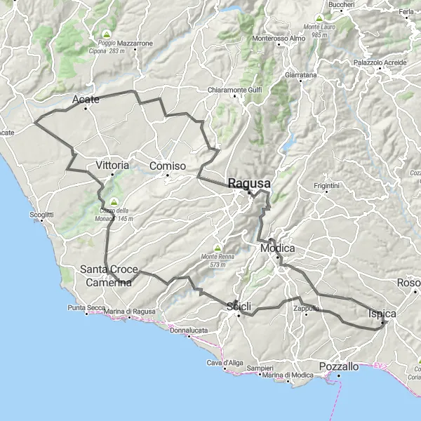 Miniatura della mappa di ispirazione al ciclismo "Giro dei Monti Iblei" nella regione di Sicilia, Italy. Generata da Tarmacs.app, pianificatore di rotte ciclistiche