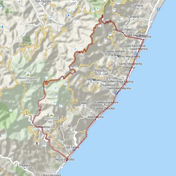 Miniatura della mappa di ispirazione al ciclismo "Giro in bicicletta da Larderia al Monte Vecchio" nella regione di Sicilia, Italy. Generata da Tarmacs.app, pianificatore di rotte ciclistiche
