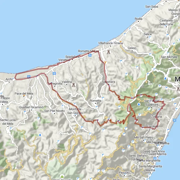 Miniatura della mappa di ispirazione al ciclismo "Giro in bicicletta attraverso L'Immacolata e Venetico" nella regione di Sicilia, Italy. Generata da Tarmacs.app, pianificatore di rotte ciclistiche