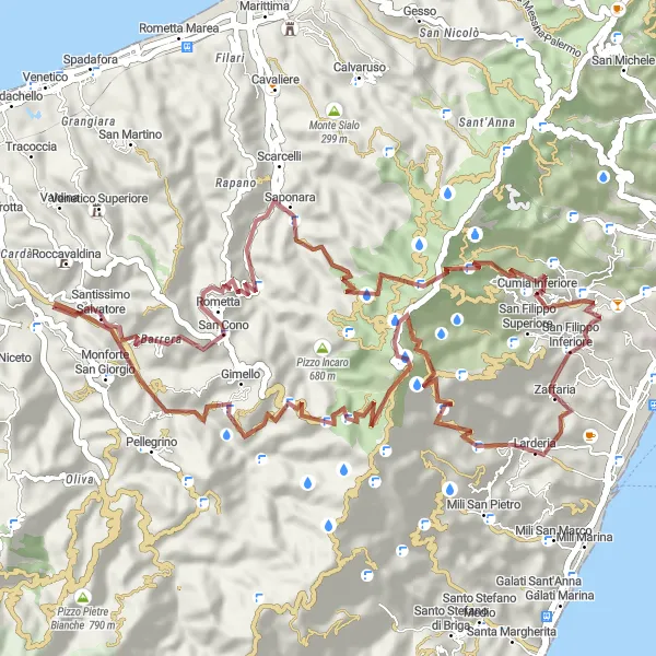 Miniatura della mappa di ispirazione al ciclismo "Escursione in Gravel intorno a Larderia" nella regione di Sicilia, Italy. Generata da Tarmacs.app, pianificatore di rotte ciclistiche