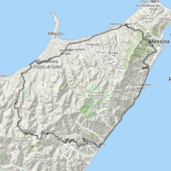 Miniatura della mappa di ispirazione al ciclismo "Giro in bici da strada intorno a Larderia" nella regione di Sicilia, Italy. Generata da Tarmacs.app, pianificatore di rotte ciclistiche