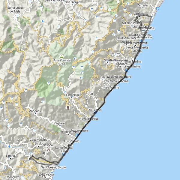 Map miniature of "Coastal Ride" cycling inspiration in Sicilia, Italy. Generated by Tarmacs.app cycling route planner