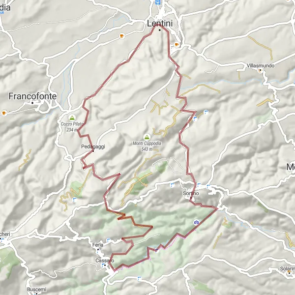 Map miniature of "Gravel Exploration" cycling inspiration in Sicilia, Italy. Generated by Tarmacs.app cycling route planner