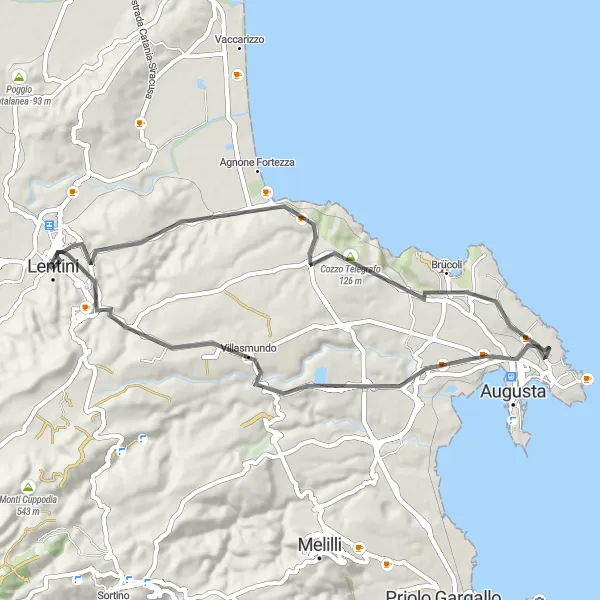 Map miniature of "Coastal Delights" cycling inspiration in Sicilia, Italy. Generated by Tarmacs.app cycling route planner