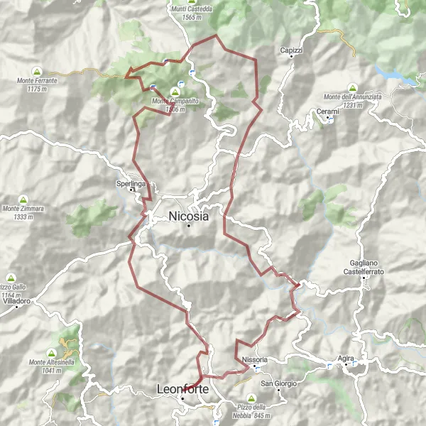 Miniatura della mappa di ispirazione al ciclismo "Percorso in mountain bike da Leonforte a Leonforte" nella regione di Sicilia, Italy. Generata da Tarmacs.app, pianificatore di rotte ciclistiche